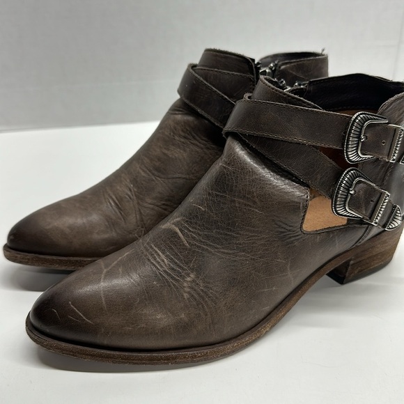 Frye Ray Ankle Booties Western Boots Shoes Double Buckle Dark Brown Size 7.5 - Picture 4 of 10